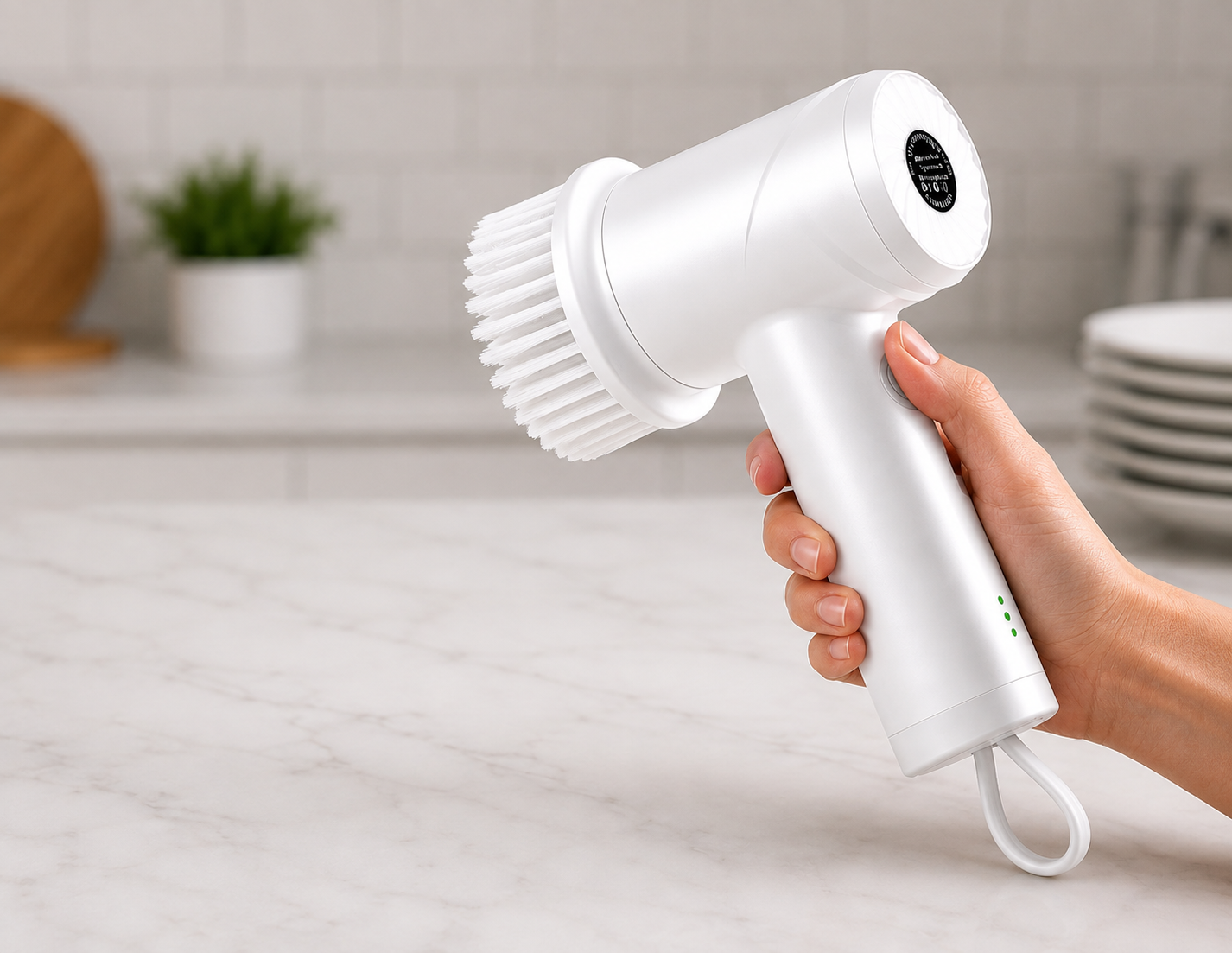Hand holding the white SparklePod electric scrubber above a bright kitchen counter